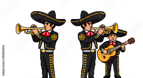 Retro pixel art of mariachi band with trumpet and guitar