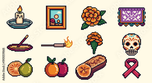 Colorful pixel art icons inspired by day of the dead and mexican culture