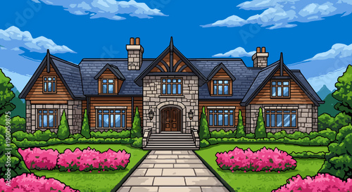 Charming traditional house with lush garden and blue sky background