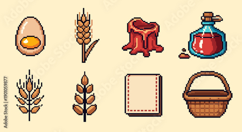 Retro pixel art icons of farm and alchemy essentials on vintage background