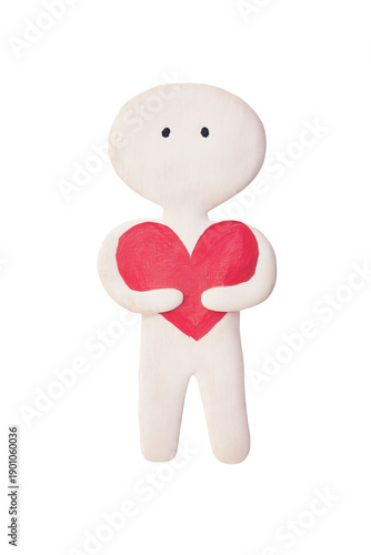 Simple human-like figure holding a heart. Compassion and tenderness concept.