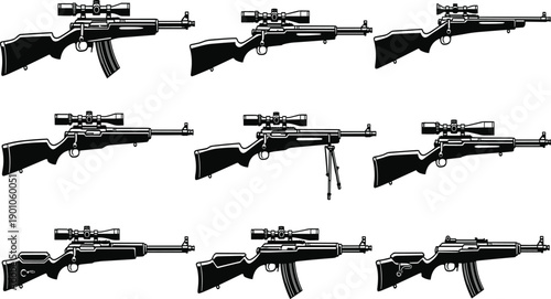 Professional collection of sniper rifle vector illustrations featuring various tactical long range 