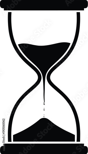 Black and white silhouette of hourglass, sand flowing from upper chamber to lower, minimalist design, symbolizing passage of time, deadlines