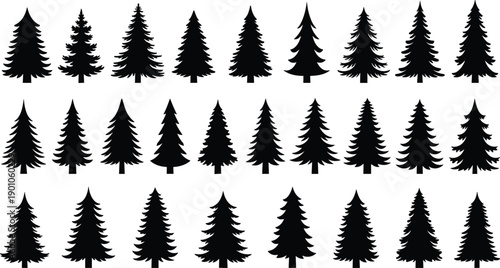 Pine and fir tree silhouette collection featuring various evergreen forest shapes isolated on white background for nature winter landscape and outdoor design projects