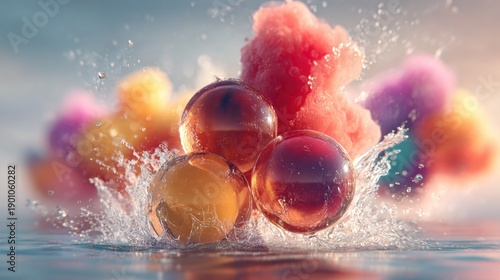 Abstract composition of colorful spheres splashing in water against a bright background