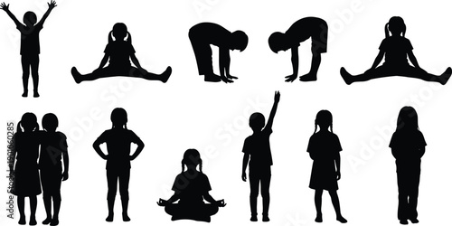 Children silhouettes performing yoga and stretching poses isolated on white background, kids physical activity, meditation, flexibility exercises, healthy lifestyle, mindfulness