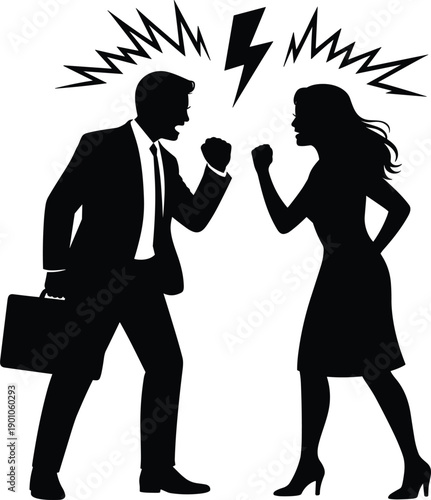 Businessman and businesswoman arguing in workplace conflict silhouette illustration showing professional disagreement, office stress, corporate confrontation, gender debate, communication breakdown