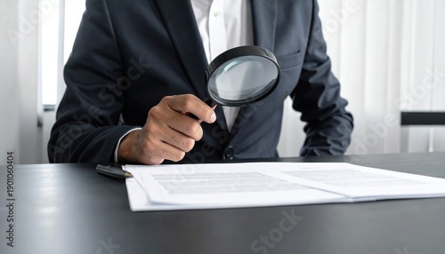 Businessman in suit examining documents with magnifying glass, symbolizing scrutiny and attention to detail.