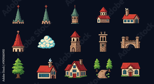 Pixel art buildings and landscape elements set: churches, houses, trees
