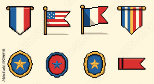 Pixel art flags and medals set: retro americana and european designs