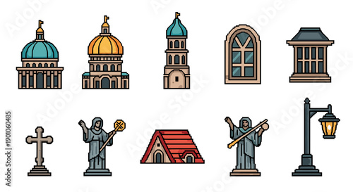 Pixel art historic buildings and statues set with church and landmark elements