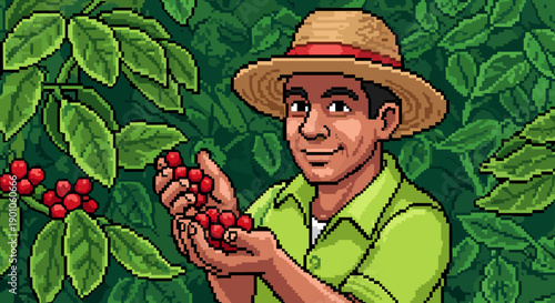 Pixel art coffee farmer harvesting ripe berries in lush greenery