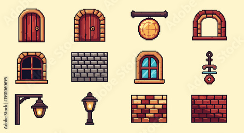 Vintage pixel art building elements collection featuring doors, windows, and walls