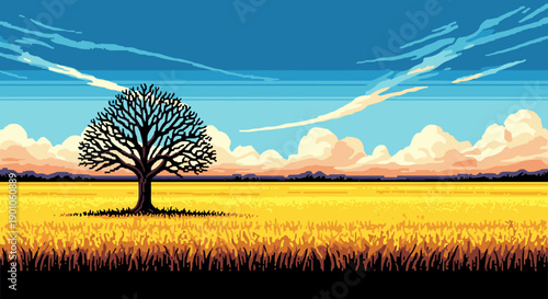 Vibrant pixel art landscape with tree and golden field