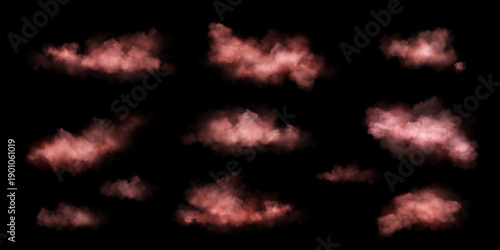 Magic pink clouds set isolated on background. Vector realistic illustration of dreamy sky clouds, fluffy cloudscape design elements, transparent light smoke, puffy cotton candy, smoky haze texture