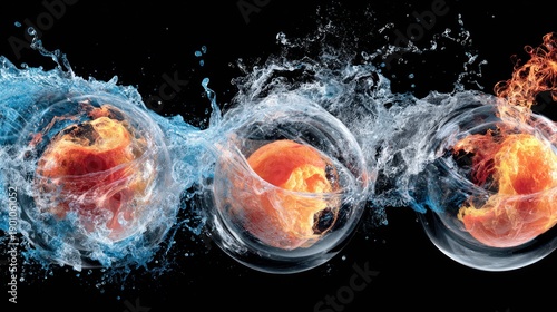 Abstract composition of orbs with water and fire effects on black background