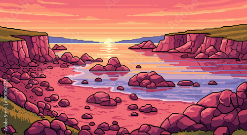 Pixel art coastal sunset with vibrant rock formations and serene ocean waves