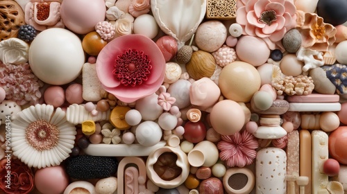 Abstract composition of pastel spheres and floral elements in a studio setting