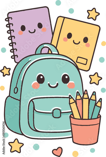 Back to School: Cheerful School Supplies Embrace Learning: An inviting illustration of a backpack surrounded by a collection of school essentials, including notebooks, colored pencils.