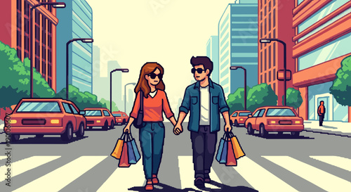 Retro pixel art couple shopping in a vibrant urban cityscape