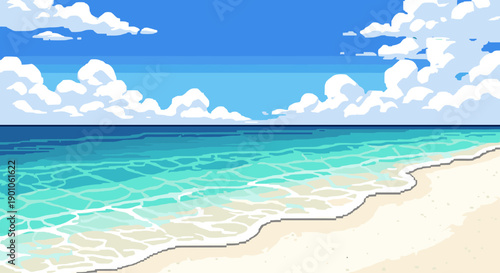 Pixel art beach: tranquil ocean waves and clear blue sky