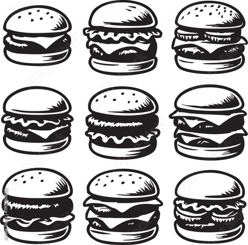 Burger Assortment: A captivating array of nine meticulously illustrated burgers, each a unique masterpiece of culinary artistry and flavor, poised to tantalize the appetite.