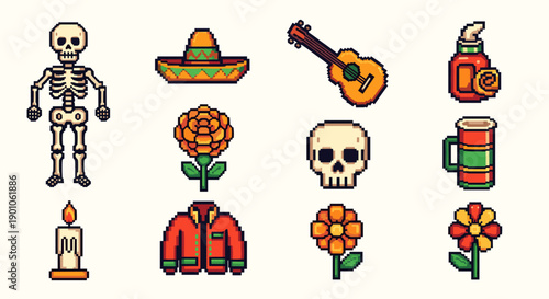 Colorful pixel art: celebrating day of the dead with iconic elements and symbols