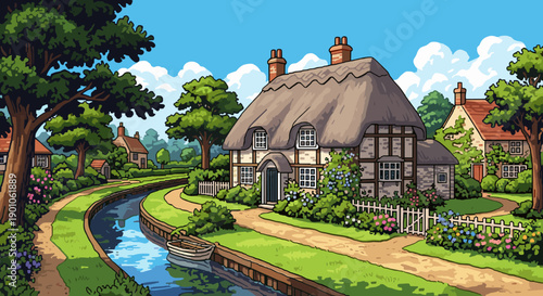 Charming countryside cottage by a serene canal in pixel art style