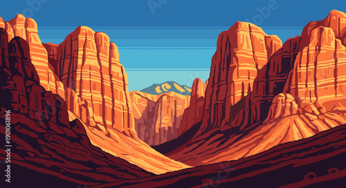 Majestic pixel art canyon landscape with vibrant orange rocks and blue sky