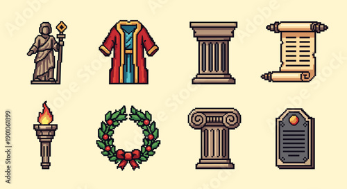 Pixel art icons of ancient symbols and artifacts in retro style
