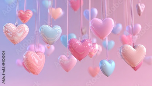 Hanging hearts in soft pastel colors, a whimsical, dreamy arrangement