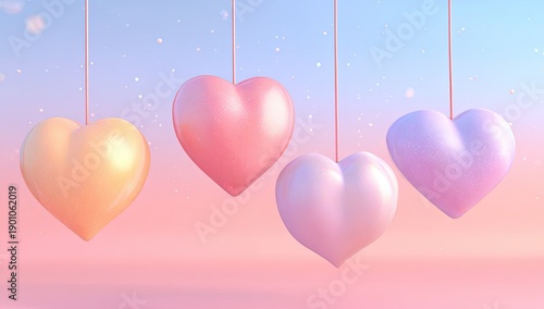 Four pastel heart shapes hang suspended with soft glitter, pastel sky