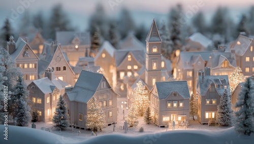 Cozy village lights glow amidst snow-covered rooftops and frosted trees