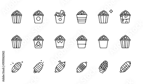 Minimal outline popcorn icons vector set for cinema and food interface design