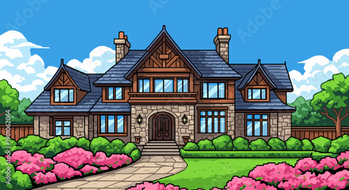 Charming pixel art mansion amidst lush garden with blue sky backdrop