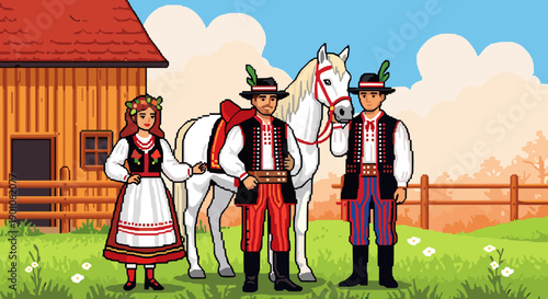 Pixel art traditional polish folk costumes with horse and countryside background