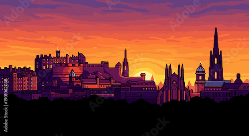 Retro pixel cityscape at sunset with silhouetted buildings and vibrant sky