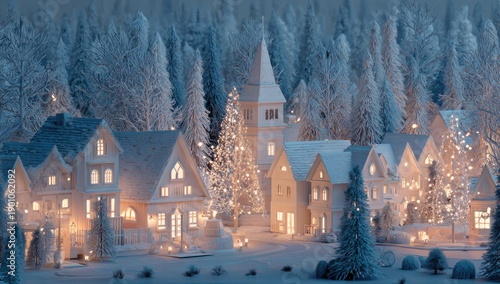 Cozy, snow-covered village adorned with warm lights and festive decor