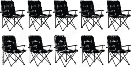 
Folding camping chair silhouettes set showing portable outdoor seating, travel furniture, picnic equipment, festival chairs, lightweight design, camping lifestyle concept isolated on white 