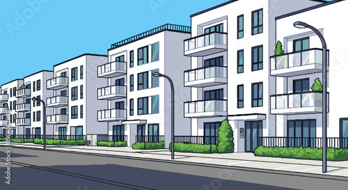 Modern urban apartment block in clean, pixel art style