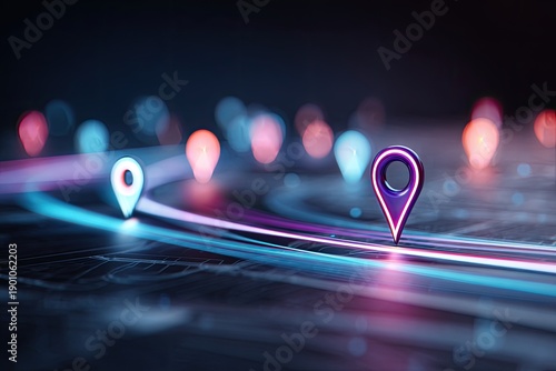 Glowing location markers on a digital map with light trails