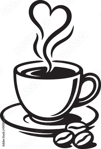 Steaming Coffee Love: A classic illustration of a steaming coffee cup, its fragrant essence forming a heart shape, next to some coffee bean, evoking warmth, comfort.
