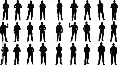 Collection of standing male silhouettes showing multiple poses, anonymous men figures isolated on white background for design, business, presentation, and creative projects