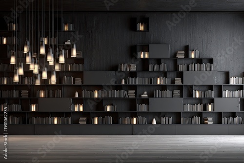 Dark, modern library with tiered shelves and cascading pendant lights