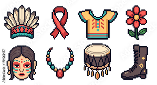 Indigenous culture pixel art: traditional objects and symbols collection