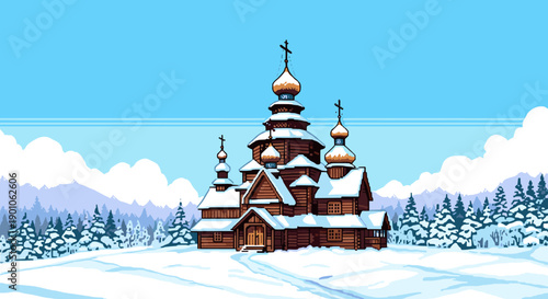 Pixel art snowy wooden church with blue sky and snowy forest background