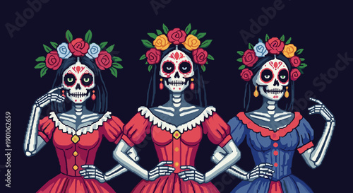 Traditional day of the dead women in festive dresses with floral skull makeup