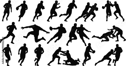 Dynamic rugby player silhouettes set showing running, tackling, passing and action poses isolated on white background for sports design, fitness branding and athletic concepts