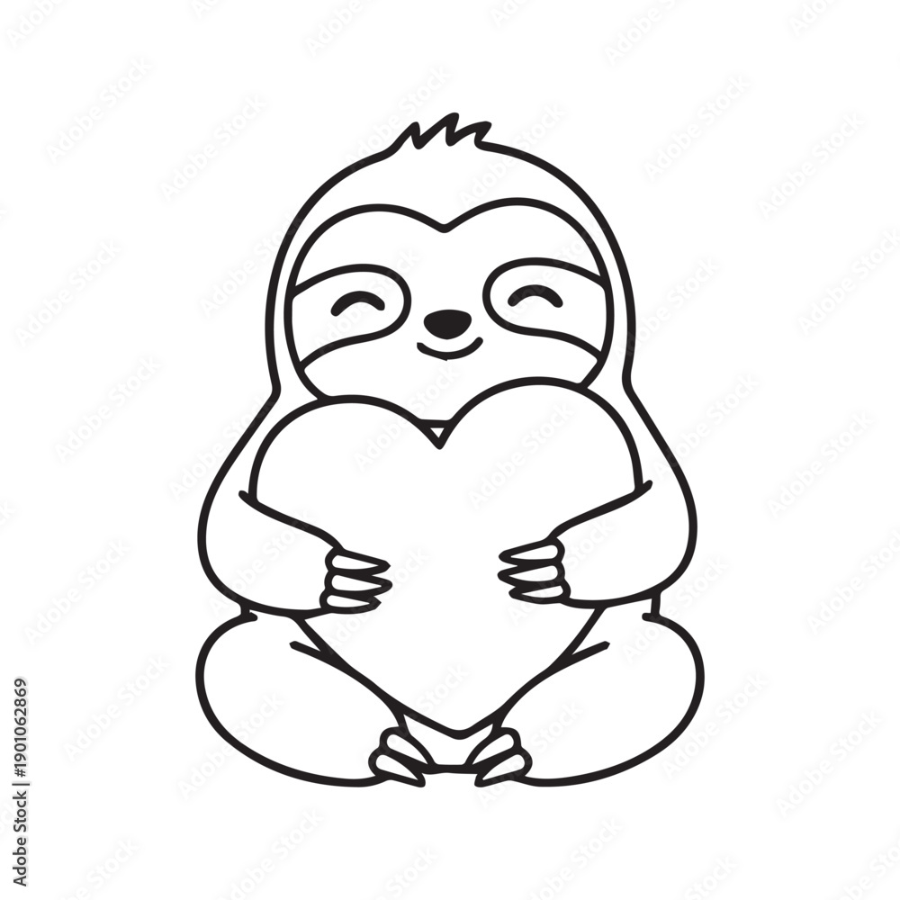 Obraz premium Cute Sloth Hugging a Large Heart Shape Line Art Vector Illustration 