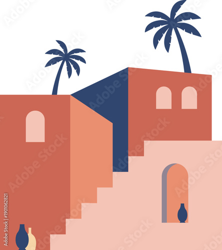 Abstract geometric morocco architecture illustration. Desert and village building design for poster, flyer, banner. Vector illustration.